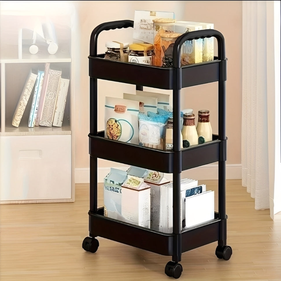 A 3-tier Trolley Cart is Organized with Food Essentials.