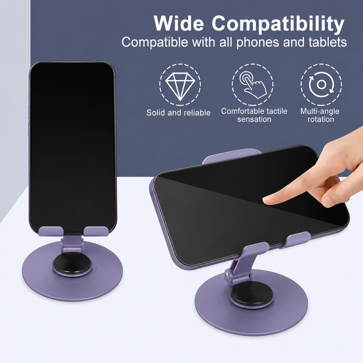 360° Rotating Metal Phone & Tablet Stand with smartphone on a white surface, text about compatibility and features.