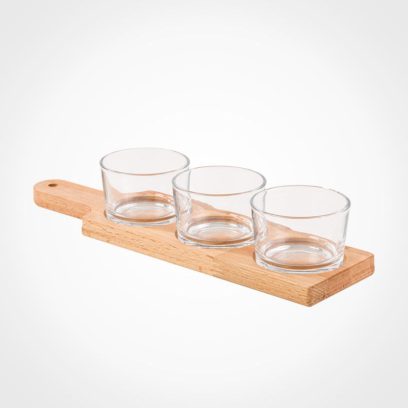 A 3 Section Snack Bowl Serving Tray with Wooden Base.
