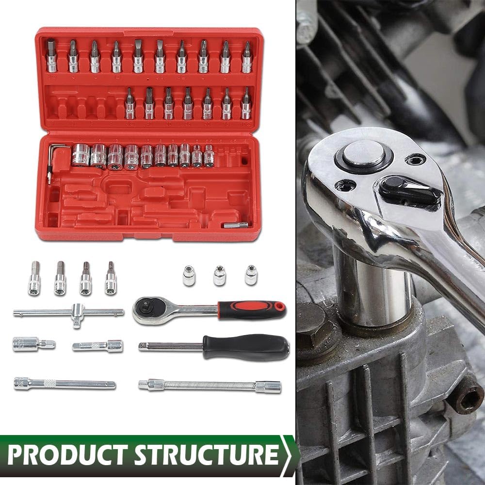46 Pieces 1/4-Inch Drive Socket Ratchet Wrench Set with red case and wrench on mechanical background