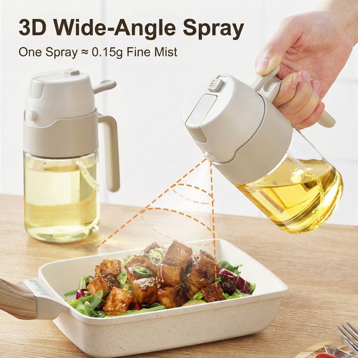 A Person is Dispensing oil using 550ml Oil Dispenser Spray Bottle.