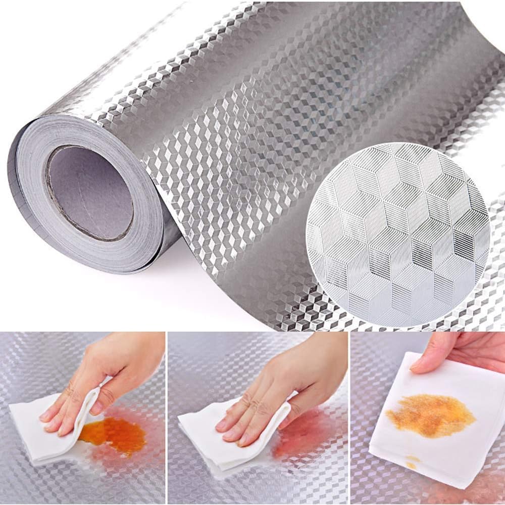 Roll of Waterproof Oilproof Aluminium Foil Sticker with close-up details and application on a surface.