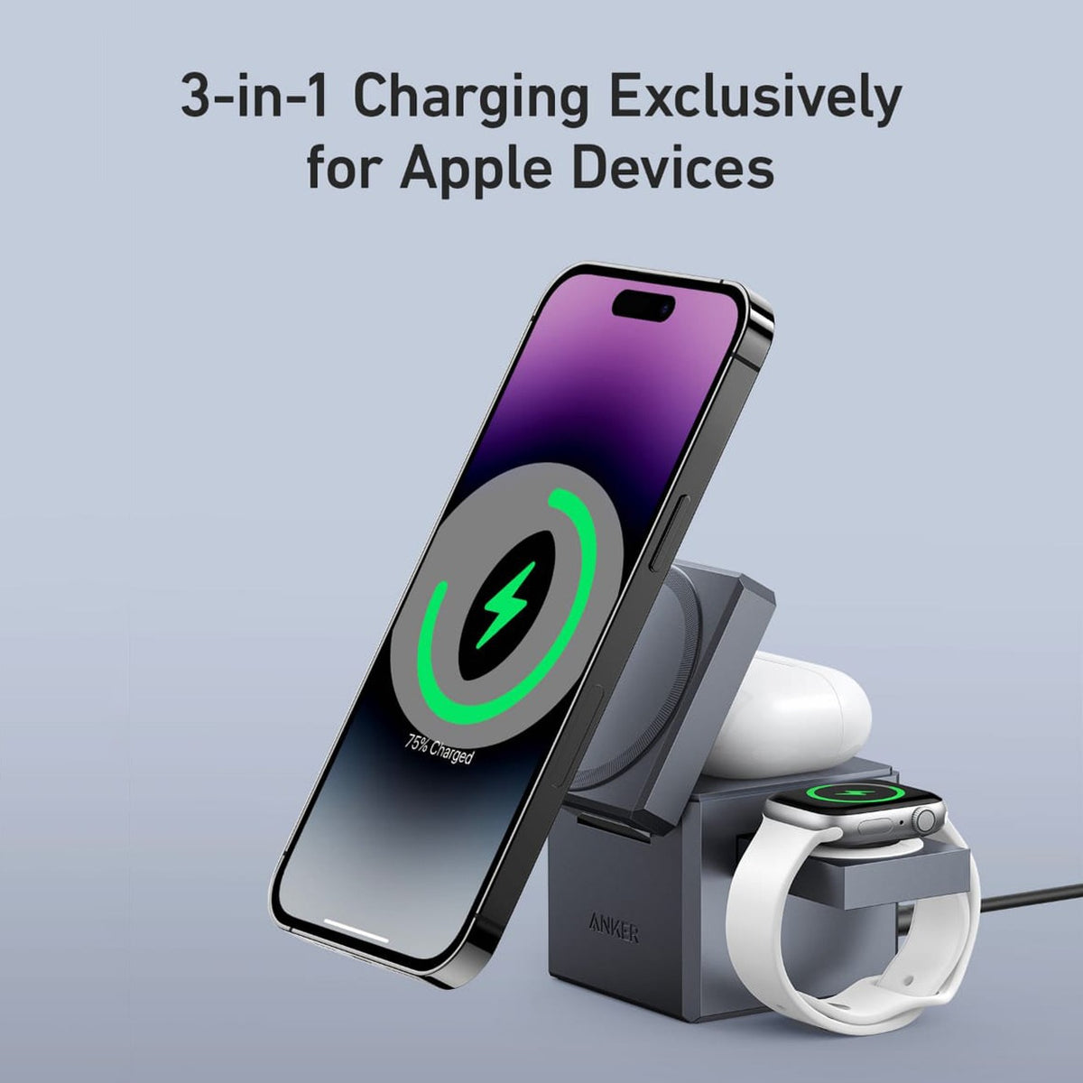 Mobile Phone, Airpod, Watch are Connected to Anker 3-in-1 Cube with MagSafe.