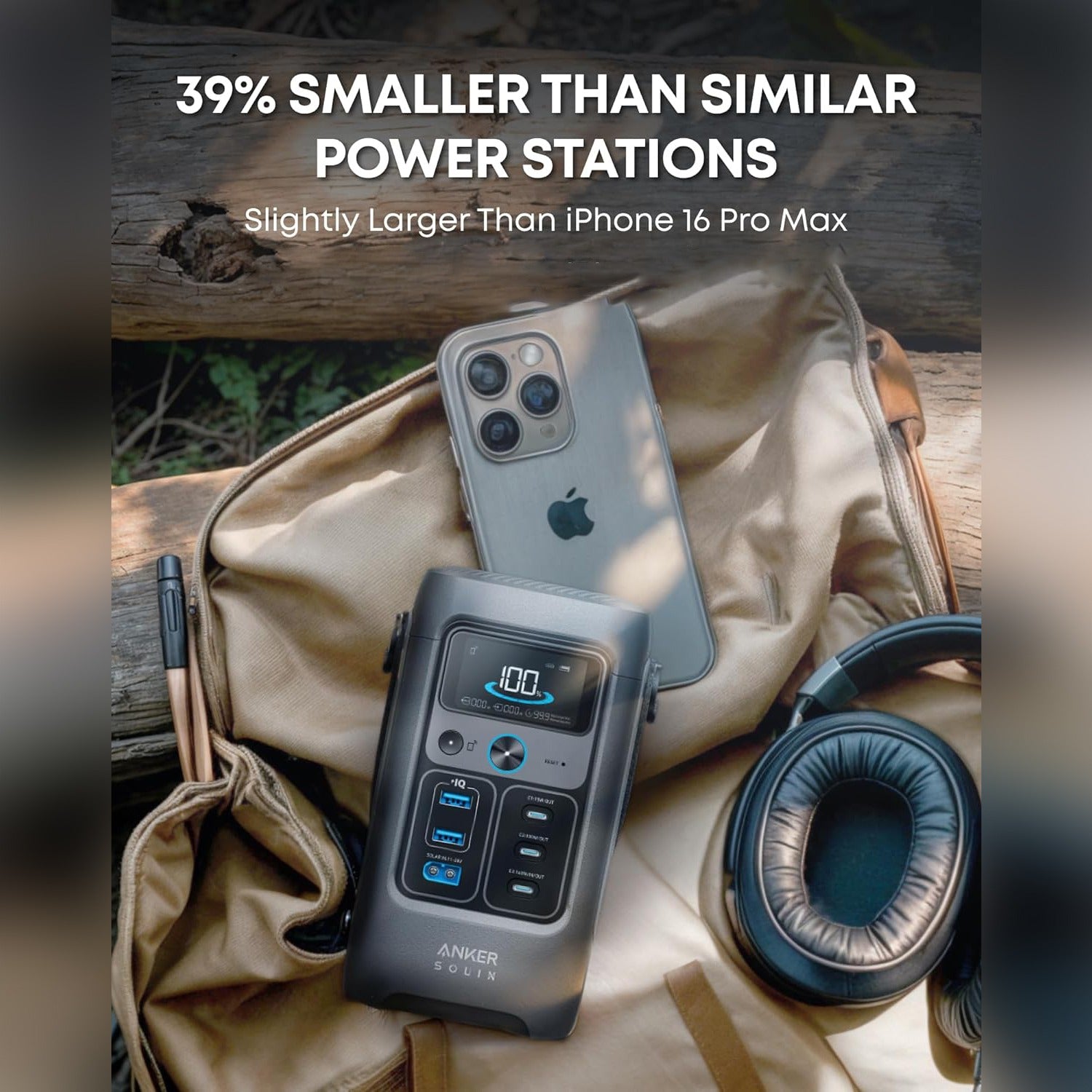 A Anker SOLIX C200 DC Portable Power Station is Kept Along with Mobile Phone and Headphone.