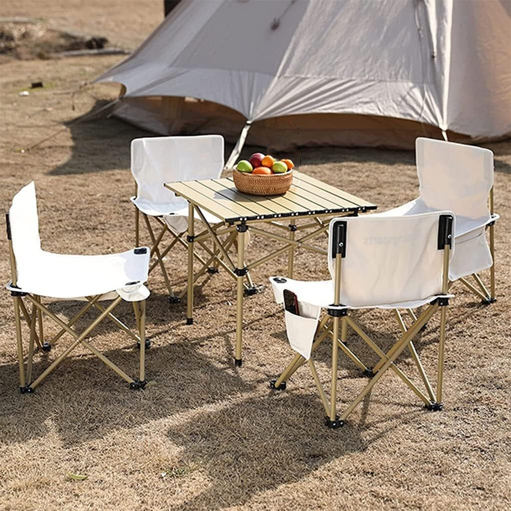 Outdoor Folding Camping Table and Chair Set is Arranged around a Camping Area.