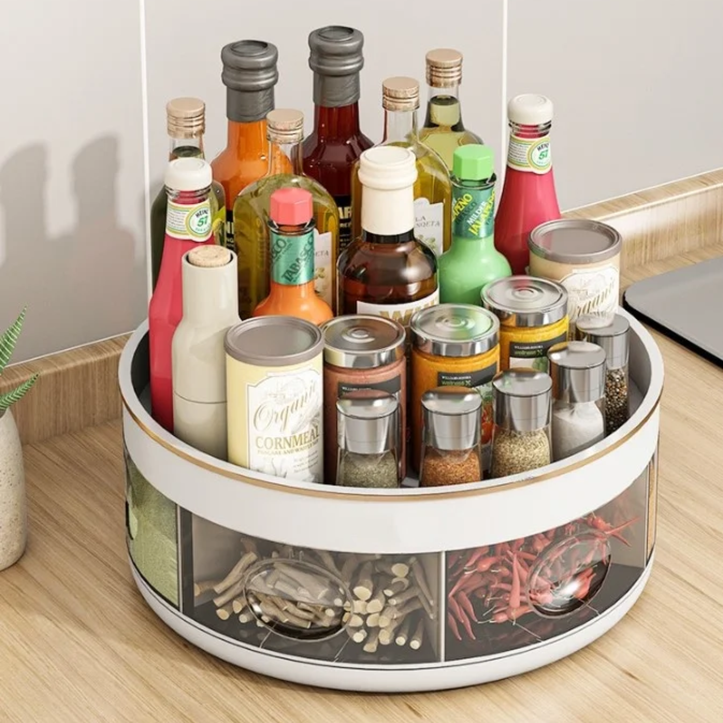 Spices and Bottles are Arranged in a Rotating Kitchen Spice Rack.