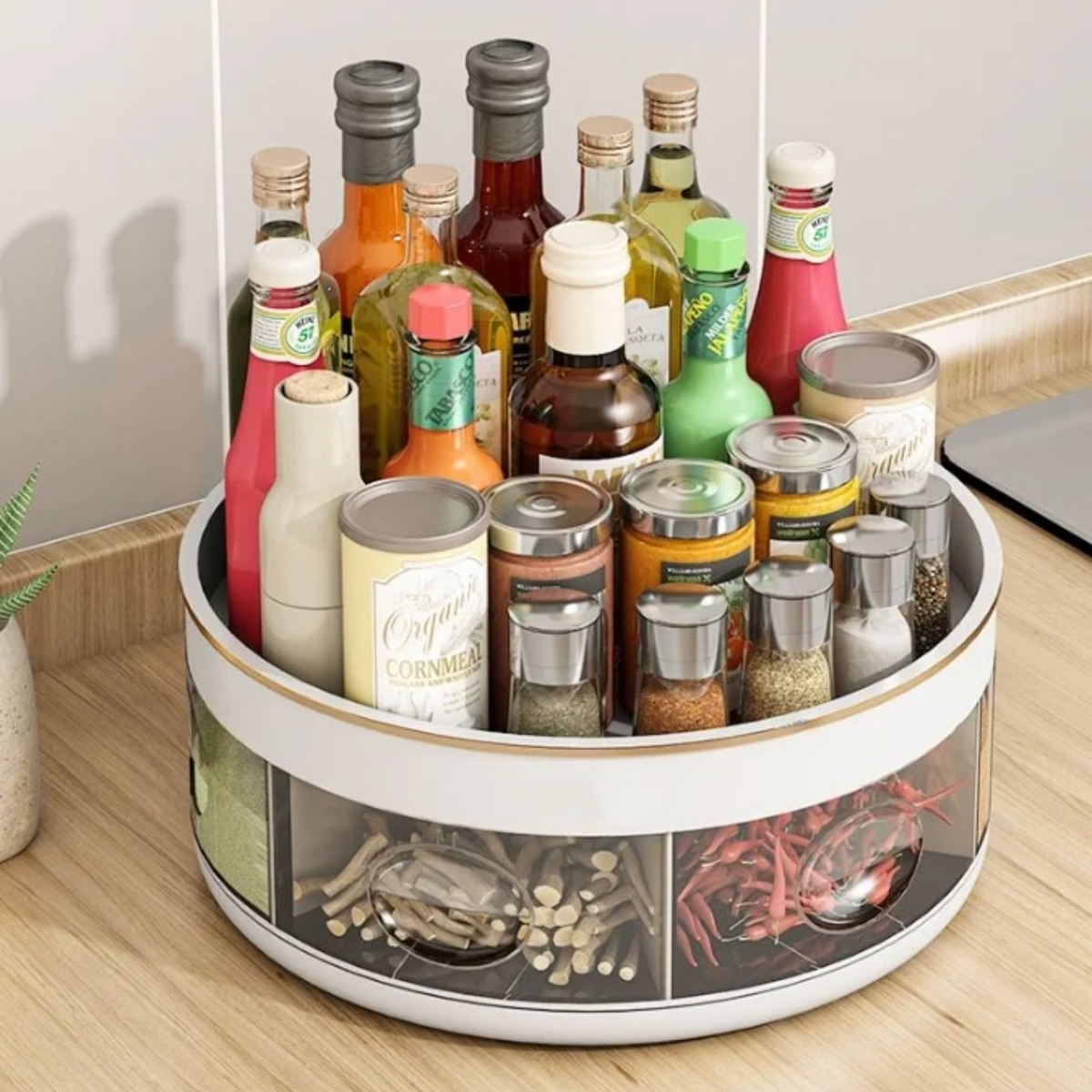 Spices and Bottles are Arranged in a Rotating Kitchen Spice Rack.