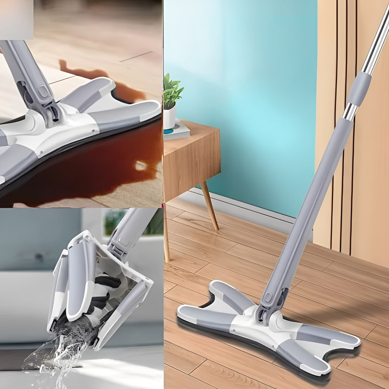 The mop is placed in a wooden floor and clean up a large spill. The mop head is being wrung out under running water.