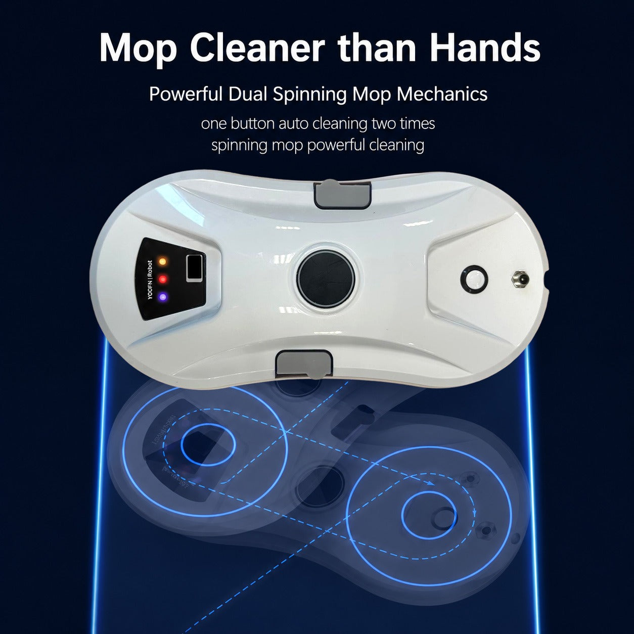 Automatic Window Cleaning Robot shown from above on a dark blue background with promotional text and blue graphic lines illustrating motion. The product has a glossy finish, a central circular opening, side buttons, and indicator lights.