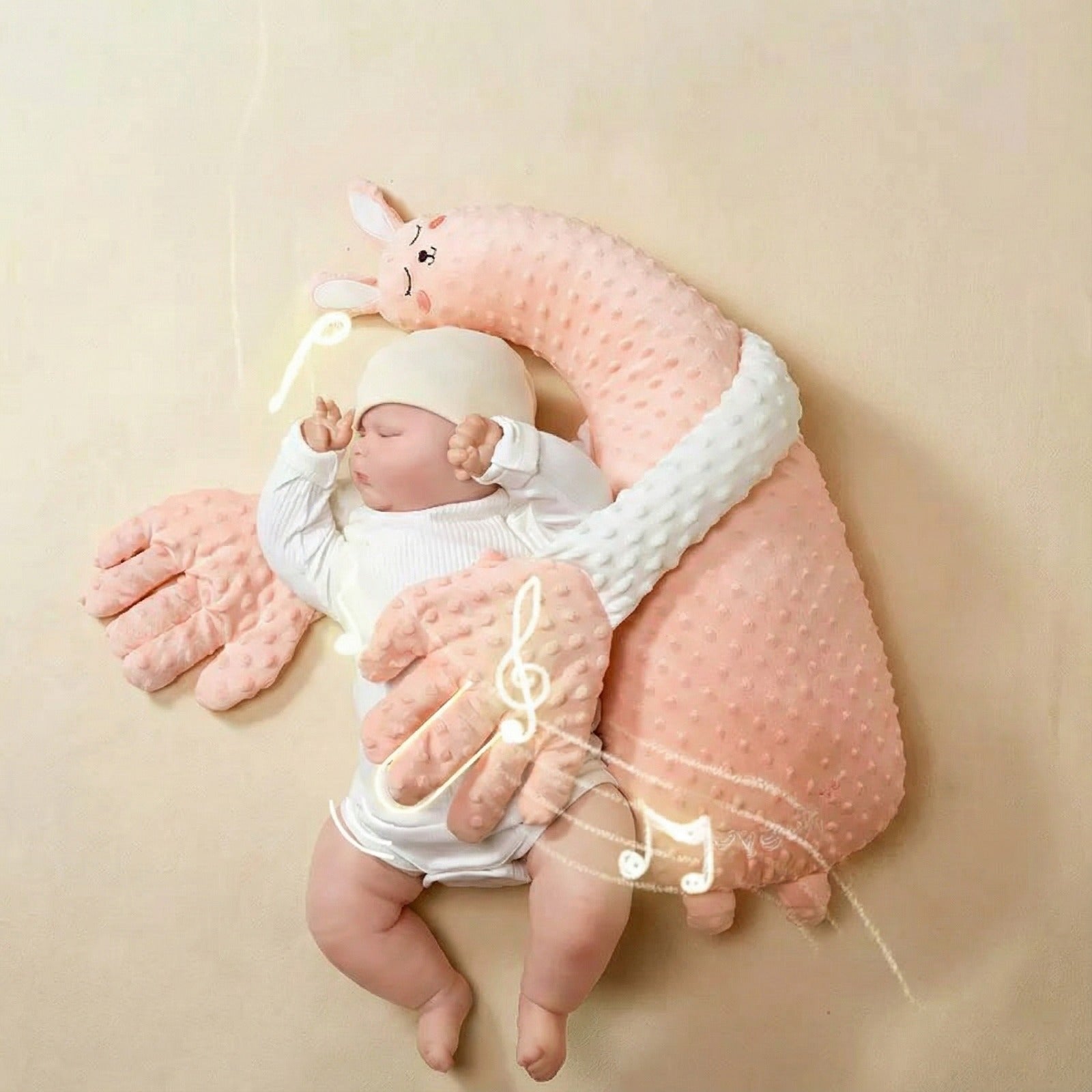 Baby sleeping comfortably in a Baby Patter cushion that cuddles and soothes with gentle arms.