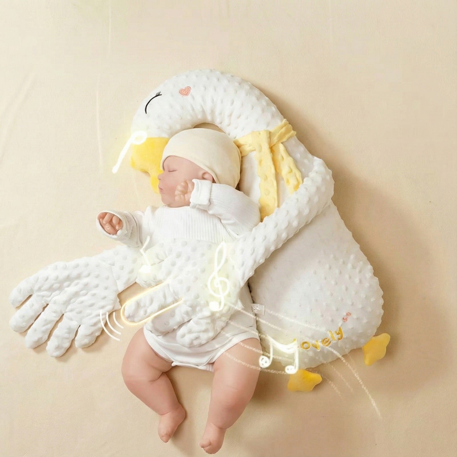 Baby sleeping comfortably in a Baby Patter cushion that cuddles and soothes with gentle arms.