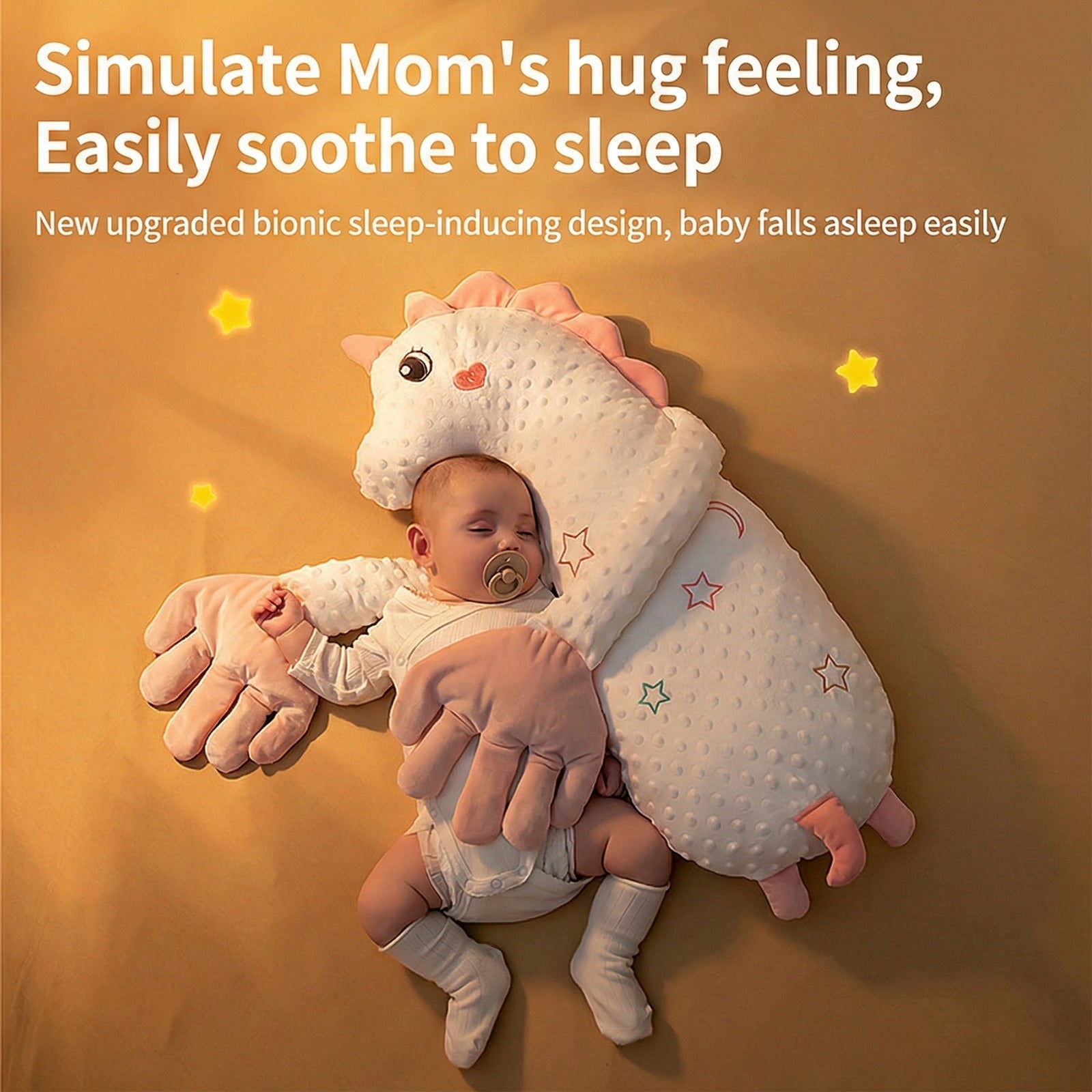 Baby sleeping comfortably in a Baby Patter cushion that cuddles and soothes with gentle arms.