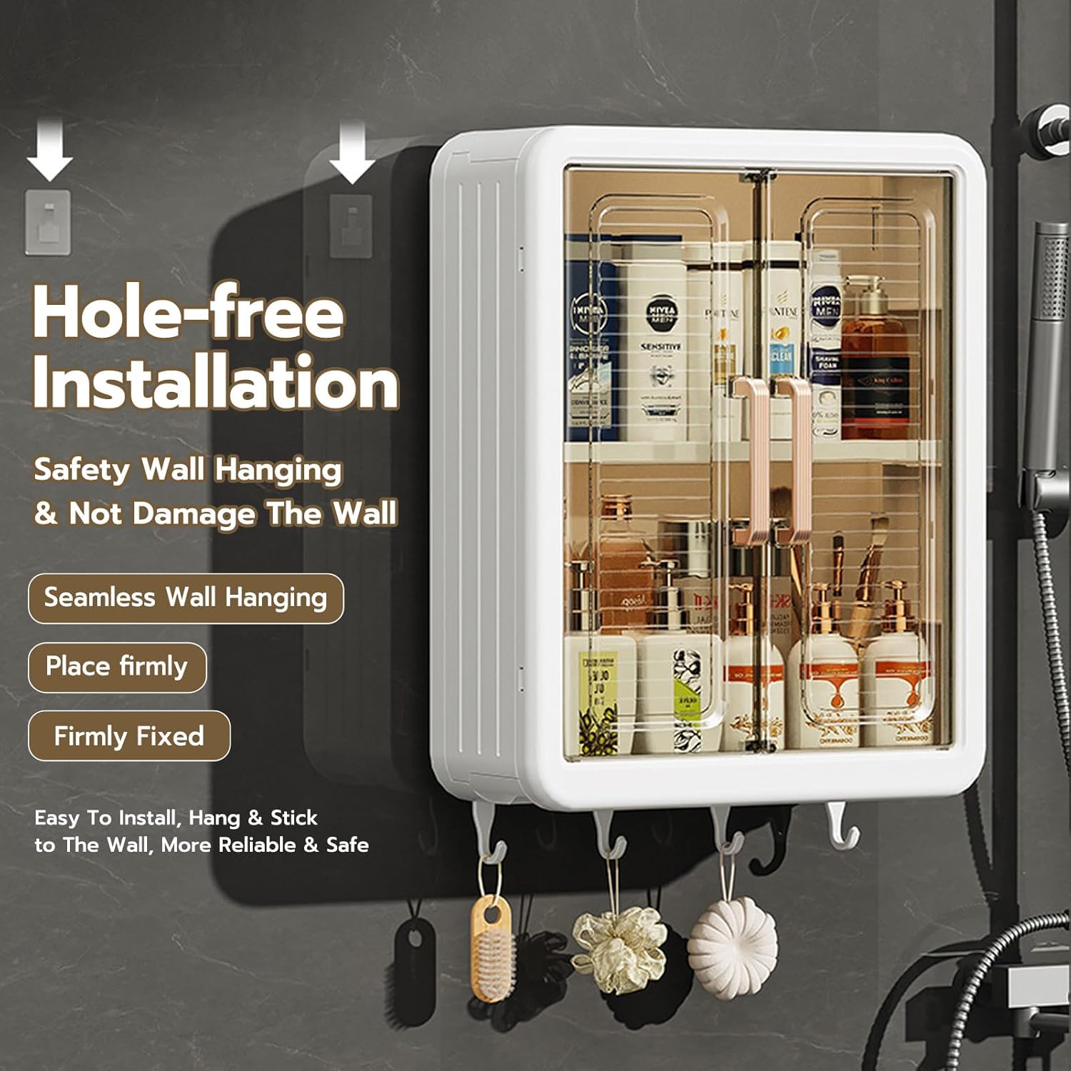 Wall Mounted Storage Cabinet Organized with Shower Items.