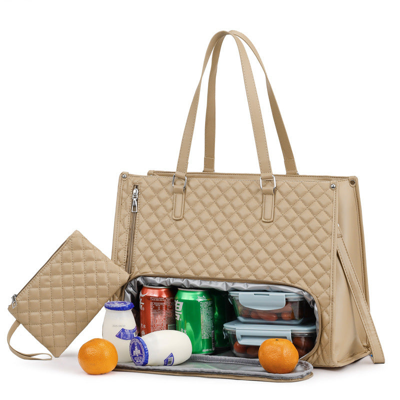 Lunch Boxes and Drinks are Stored at Women Tote Lunch Bag.
