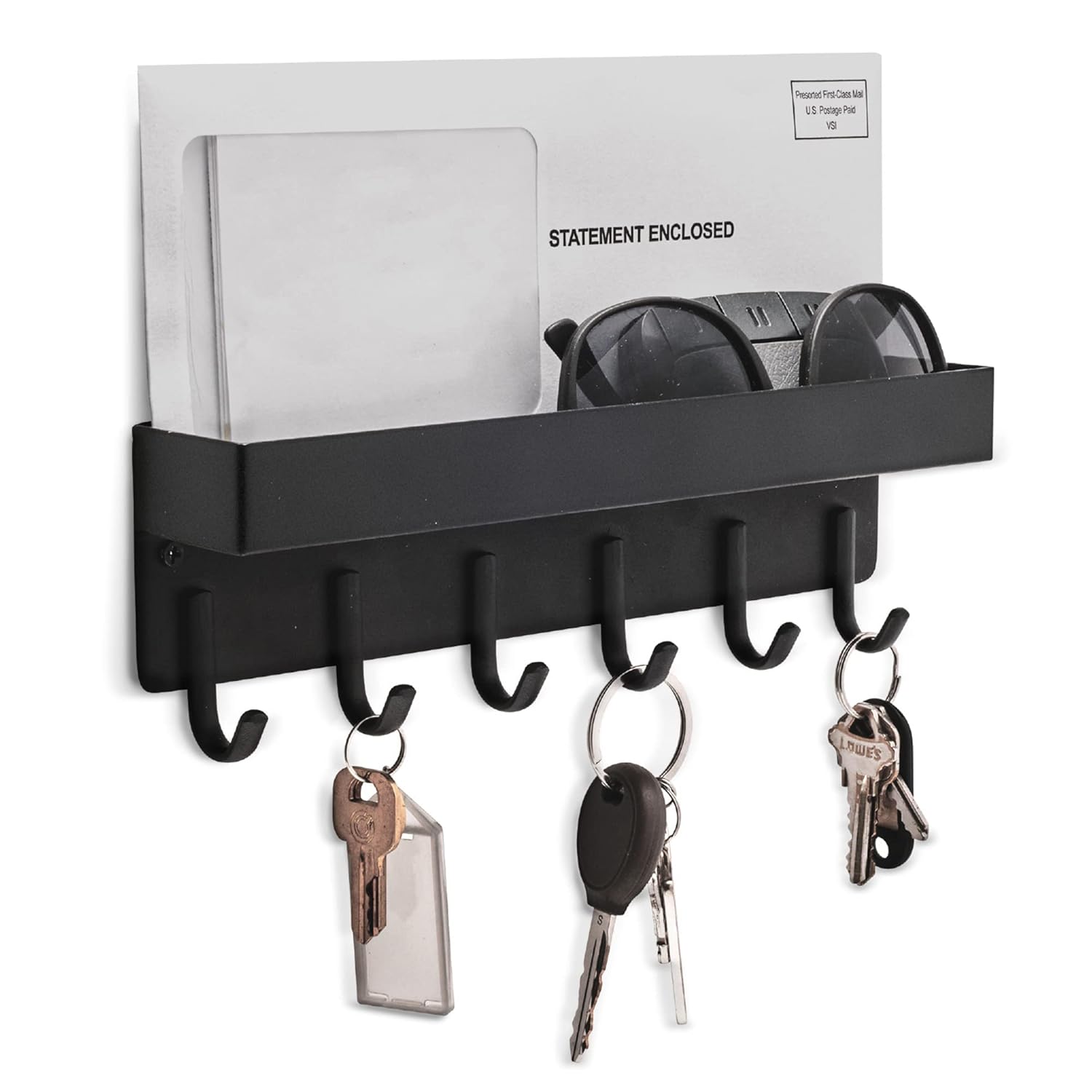 A Wall Mounted Key Holder with Storage Organizer is Organized with Various Essentials.