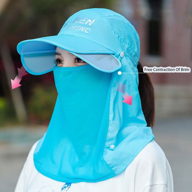 A Woman is Wearing Wide Brim Bucket Hat with Neck Cover.