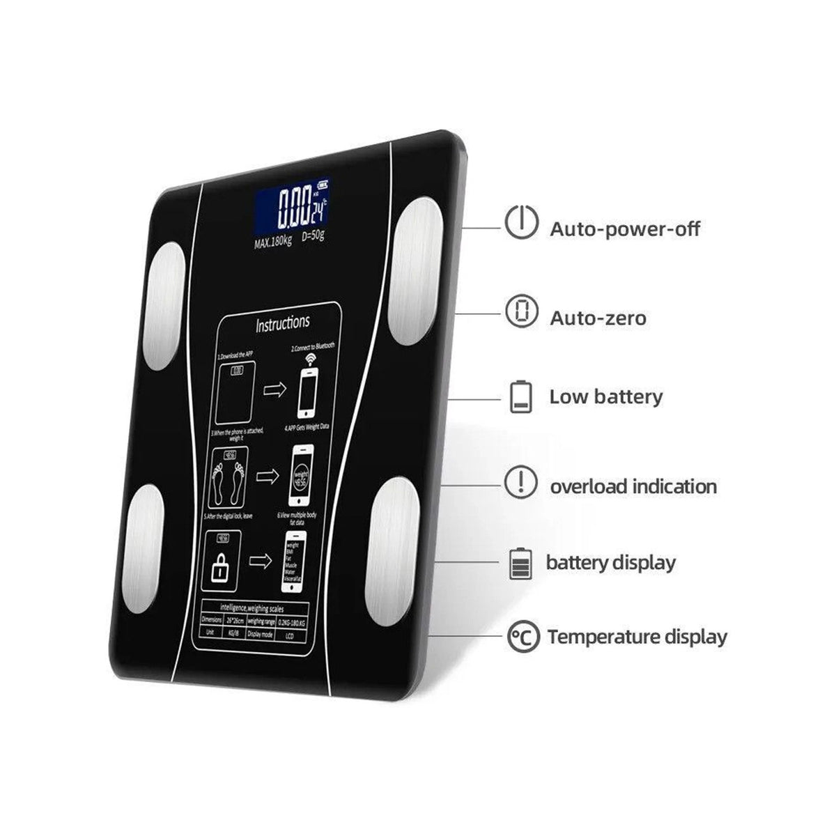 Smart Bluetooth Body Weight Scale, with feature labels on a white background