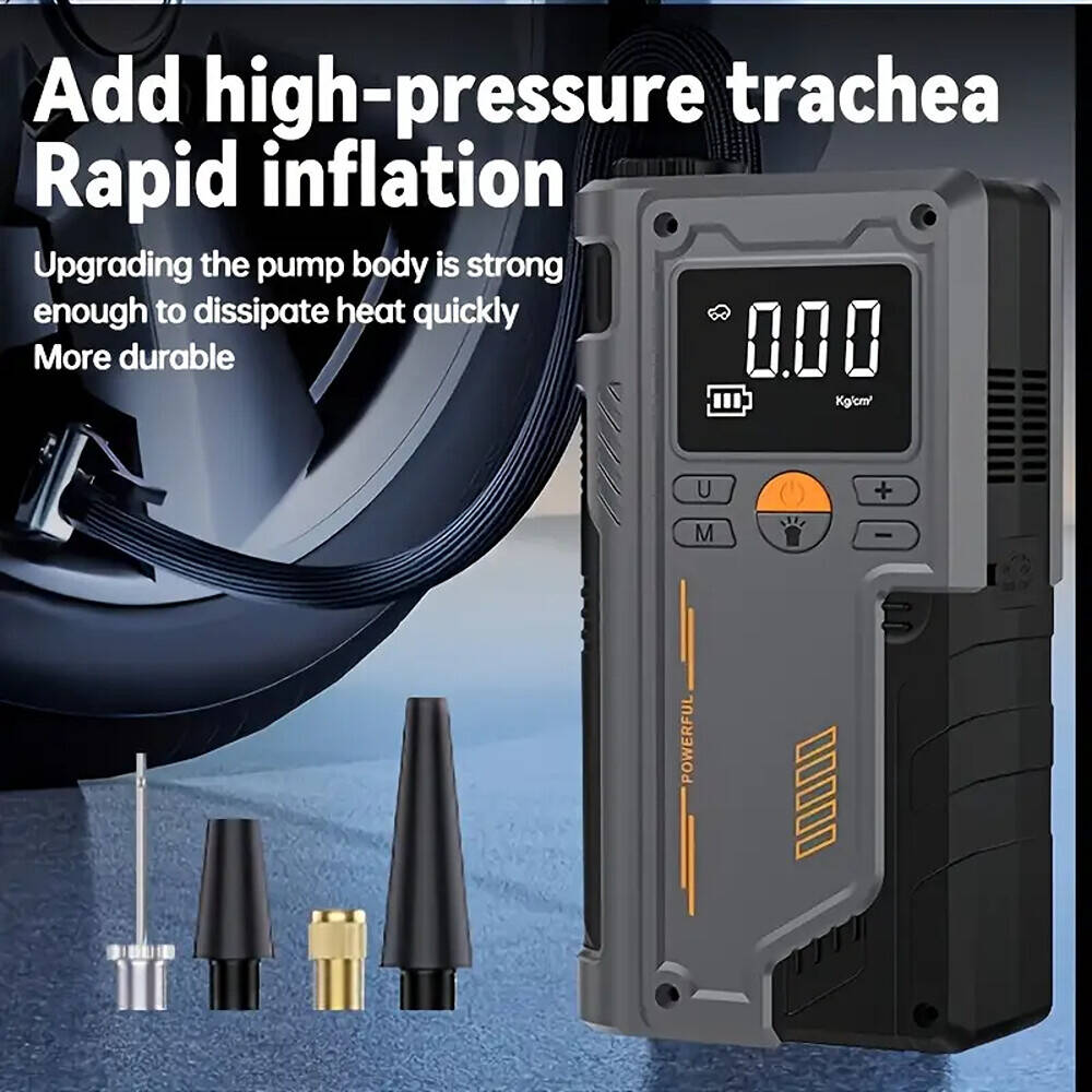 A Smart Air Pump Machine & Car Jump Starter is Connected to Car Tire.