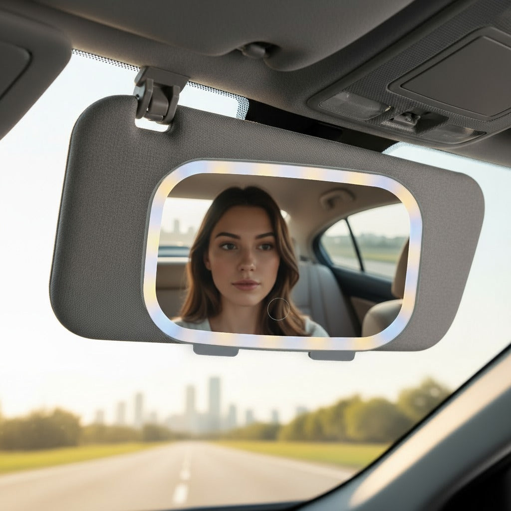 Car sun visor vanity mirror with LED lights, Reflecting a woman.