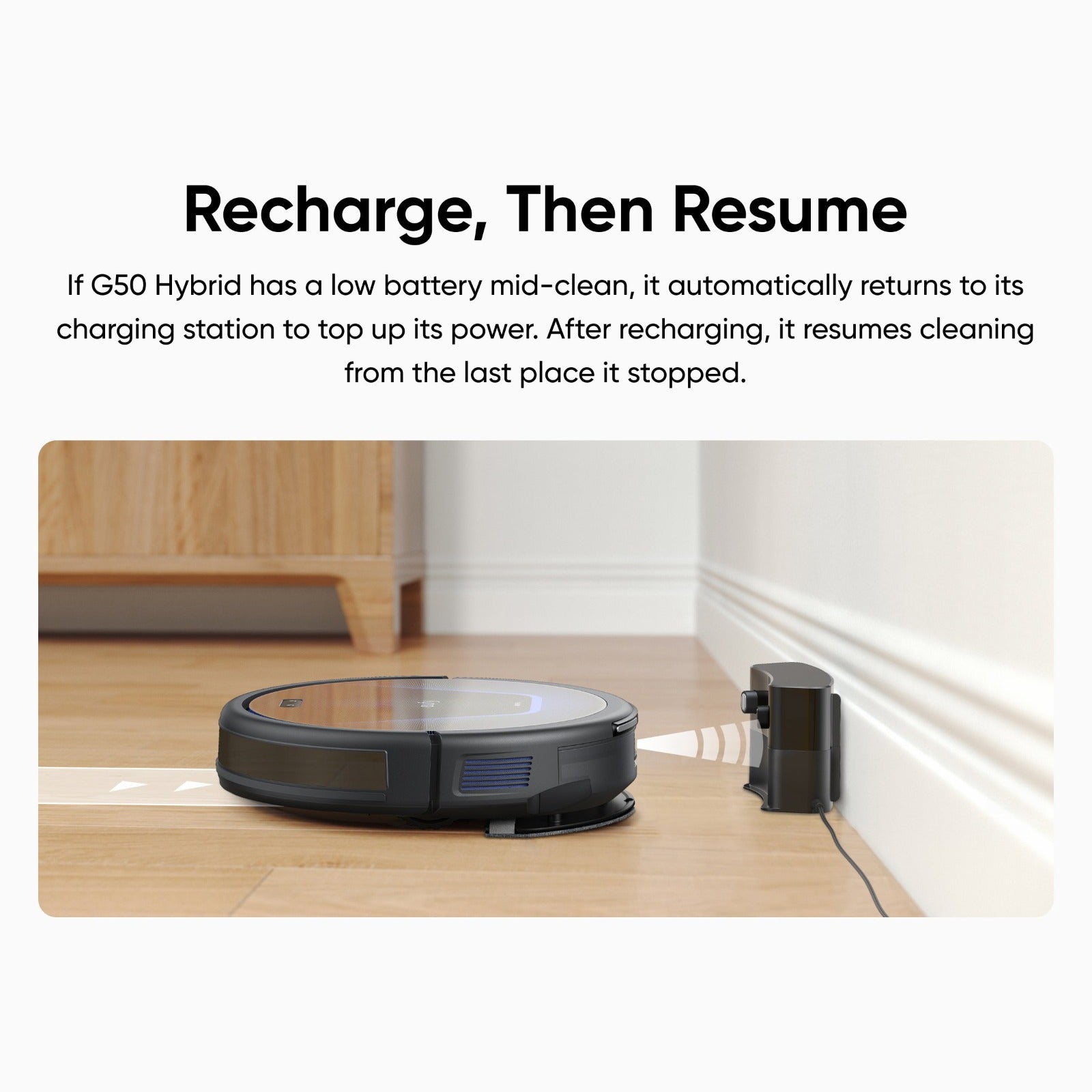 Charging eufy G50 Hybrid Robot Vacuum & Mop at its Charging Station.