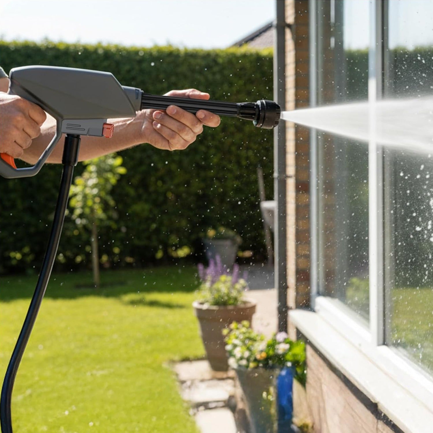Someone is Cleaning Window Using Porodo AquaSpray Multifunctional Pressure Washer.