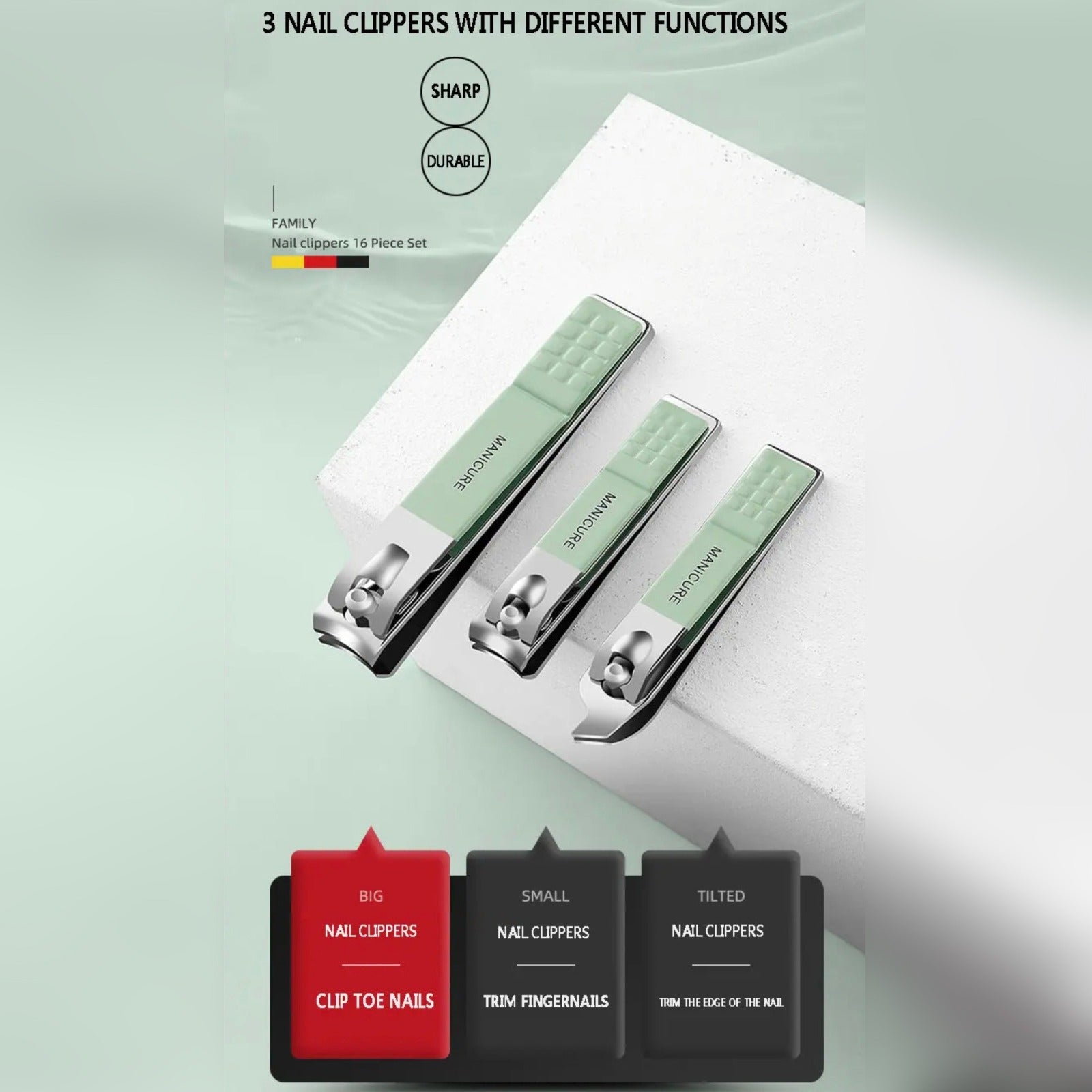 Individual Tool Details of 16-Piece Professional Nail Clipper Kit.