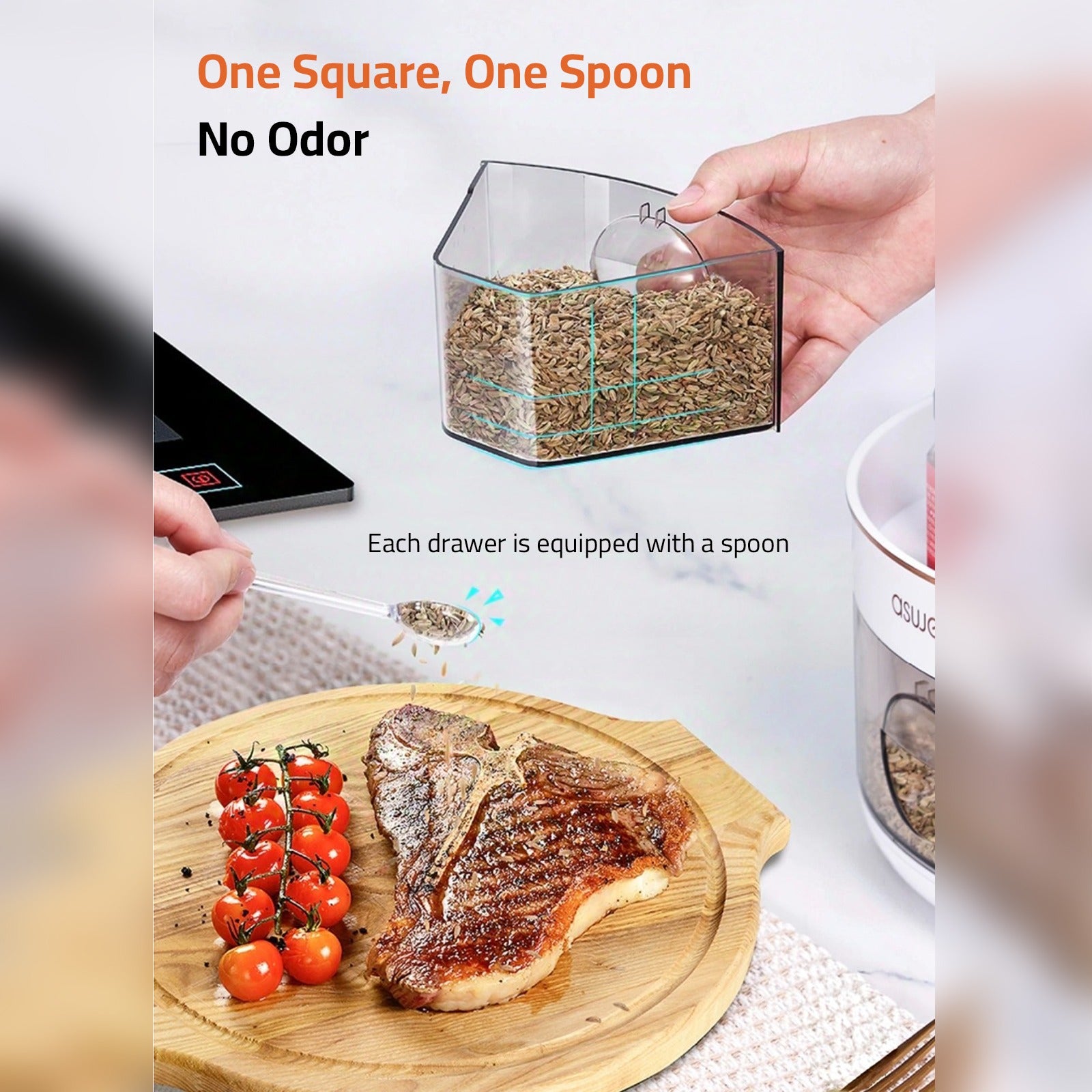 A Person is Holding the Compartment Of Rotating Kitchen Spice Rack.