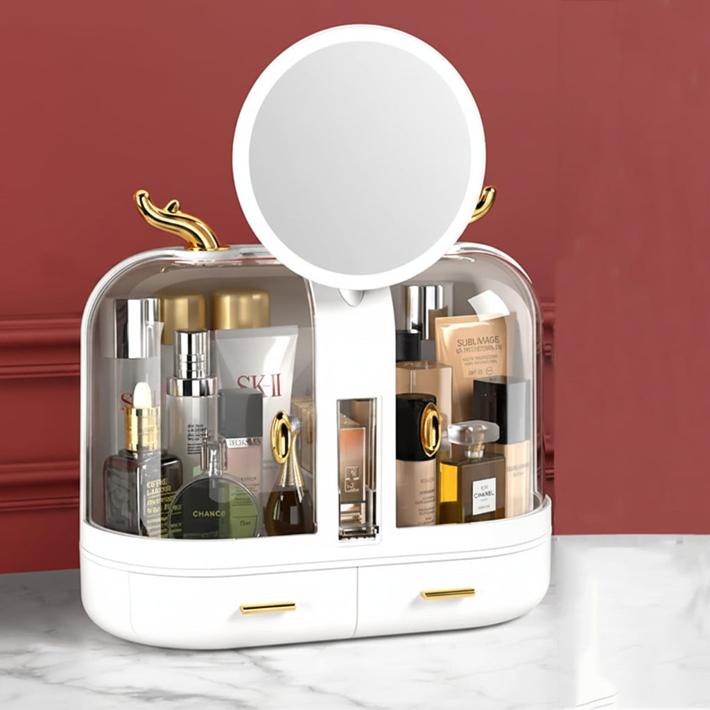 Cosmetic organizer with mirror and skincare products on a red background