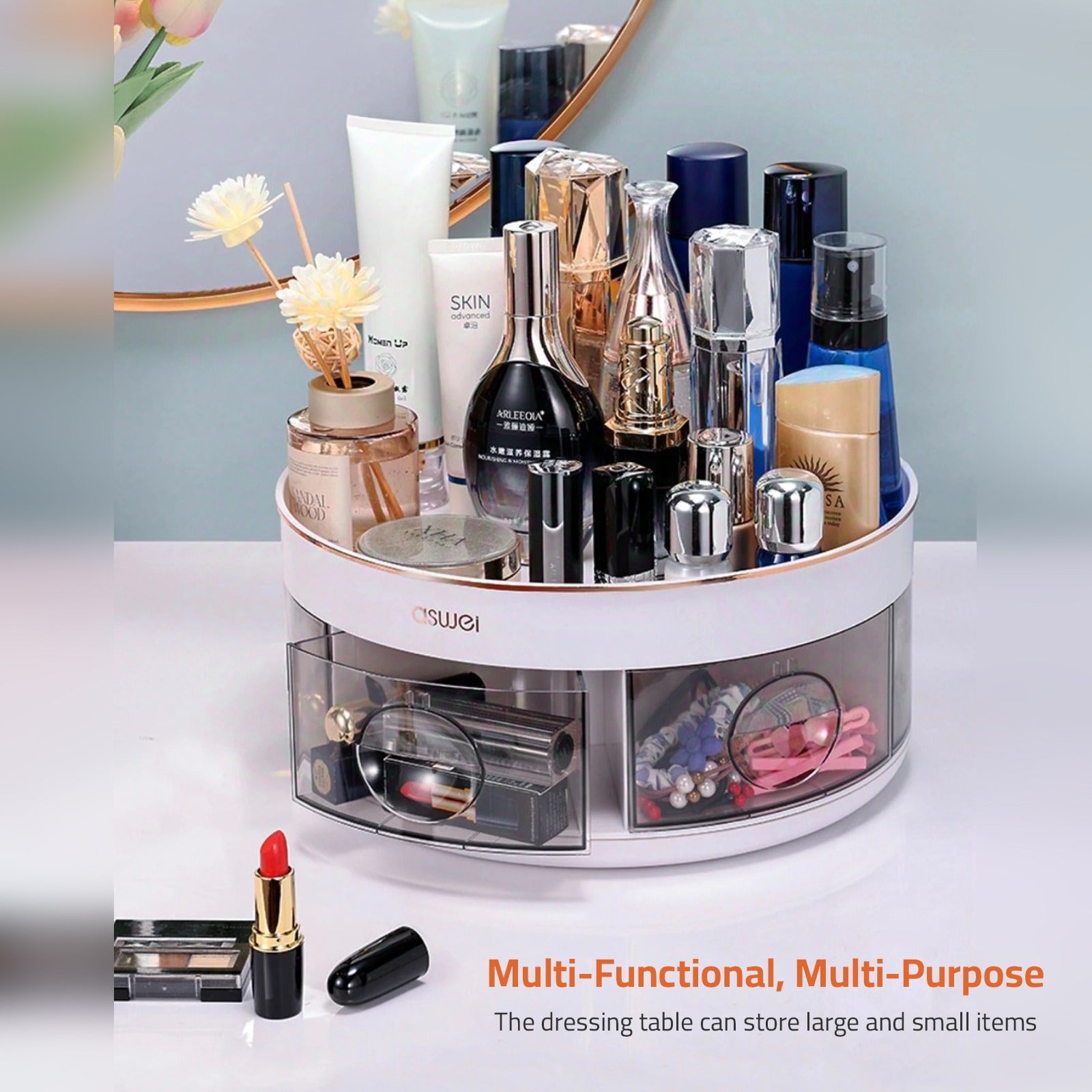 Cosmetics are Arranged in a Rotating Kitchen Spice Rack.