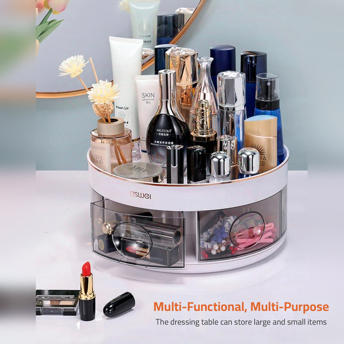 Cosmetics are Arranged in a Rotating Kitchen Spice Rack.