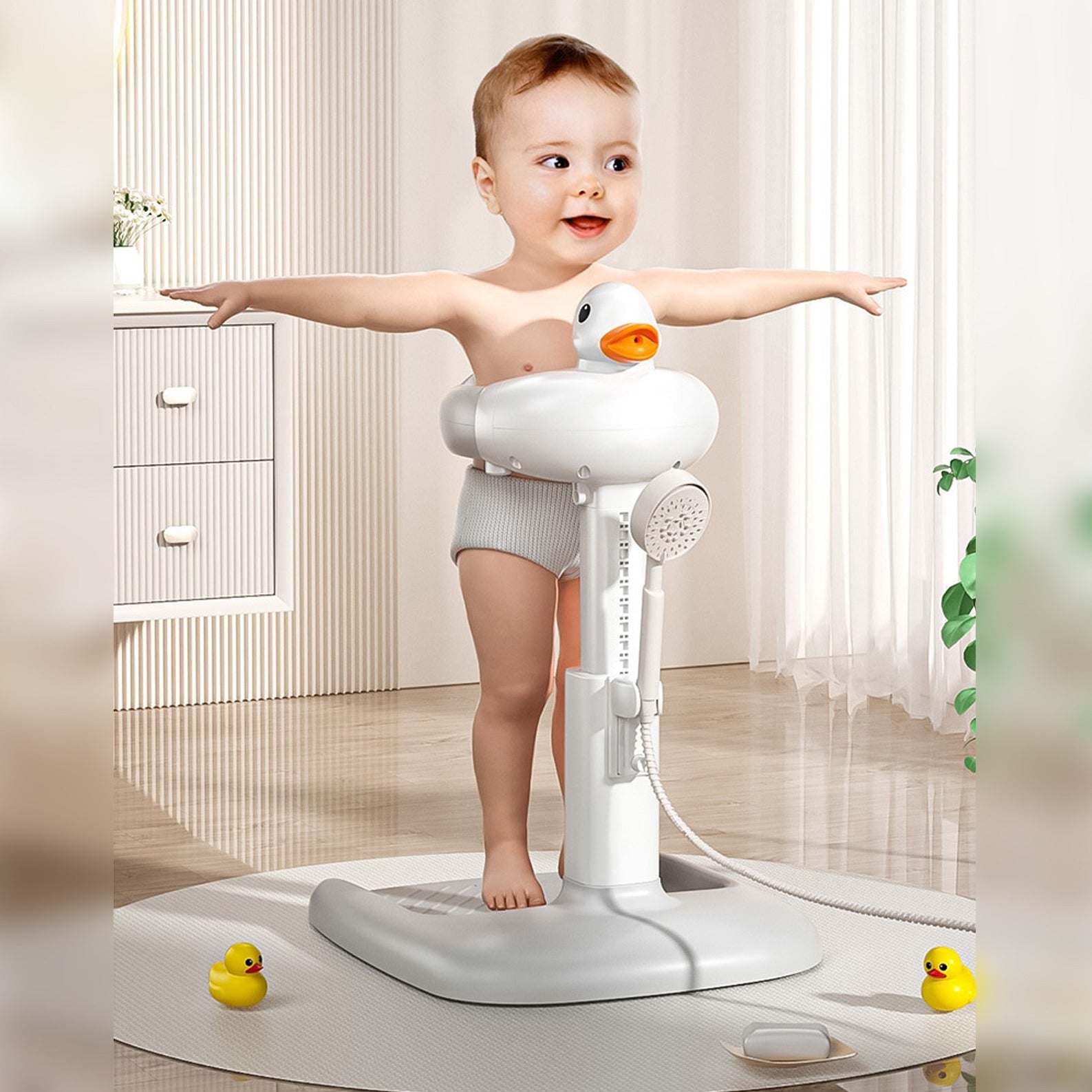 A Model Of Baby is Fixed on Cute Duck Baby Bathing Station.