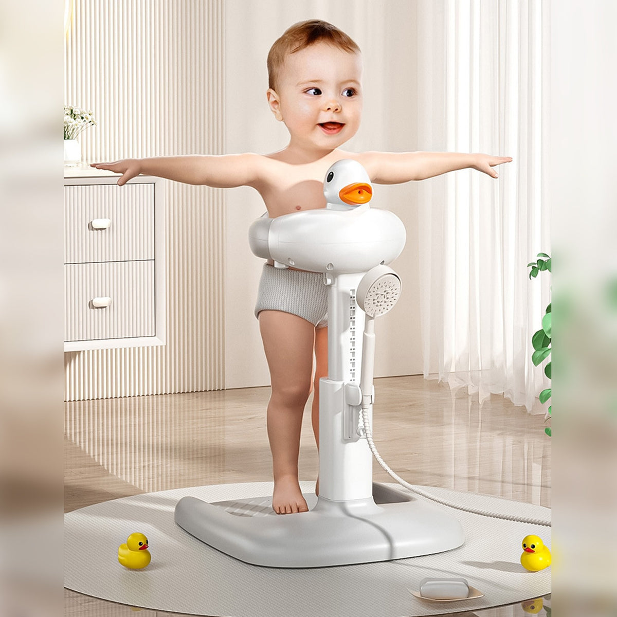 A Model Of Baby is Fixed on Cute Duck Baby Bathing Station.