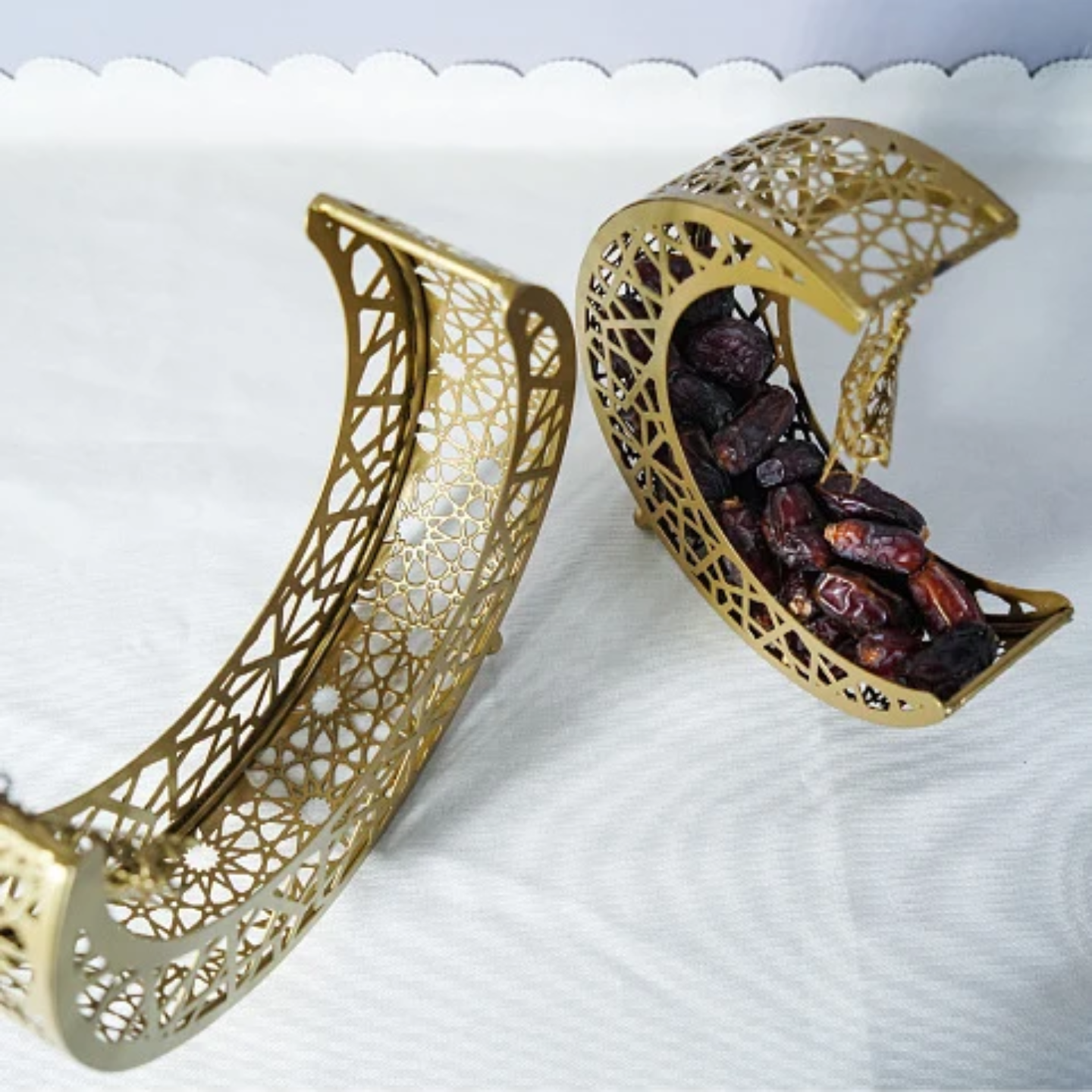 Ramadan Eid Crescent Dates Holder with Dates are Arranged in a Table.