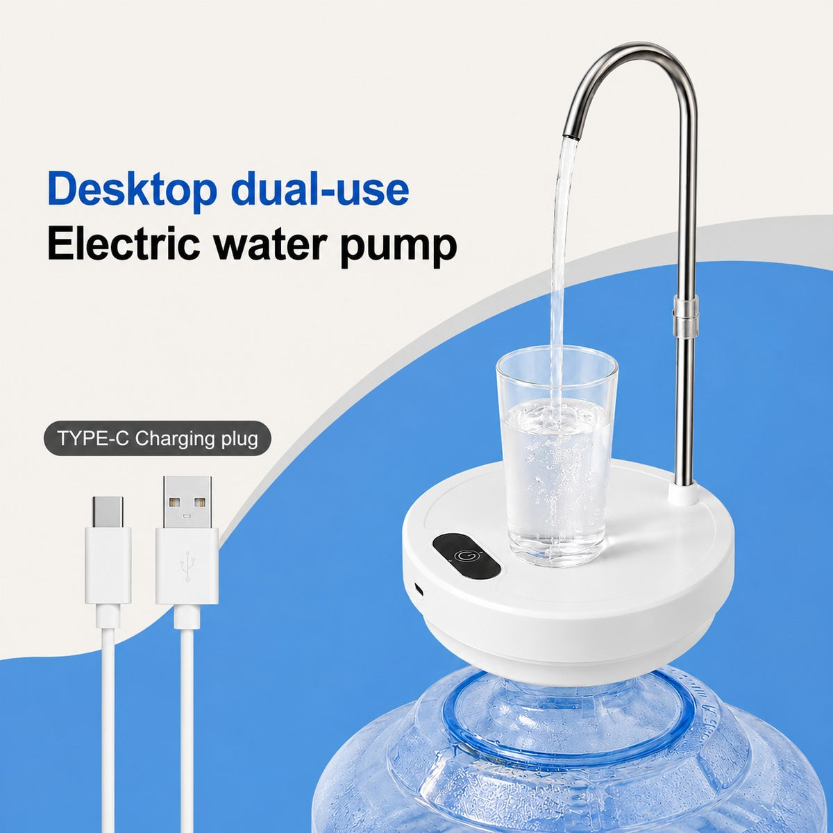 White desktop dual-use electric water pump with a curved metal water spout, shown dispensing water into a clear glass placed on top. A large water bottle is visible at the bottom, and two white charging cables with USB-C and USB connectors are shown on the left.