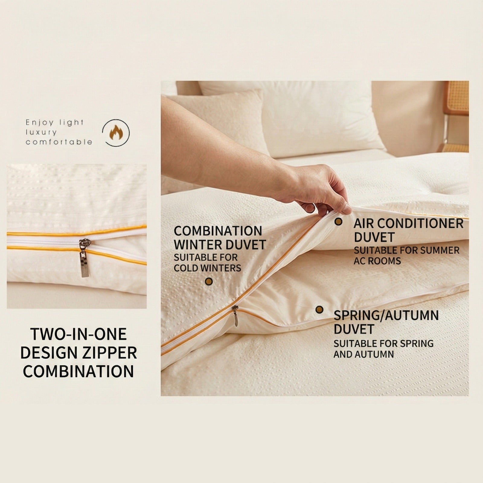 A person is displaying the features of A Ultra Soft Soy Fiber Comforter Arranged on a Bed.