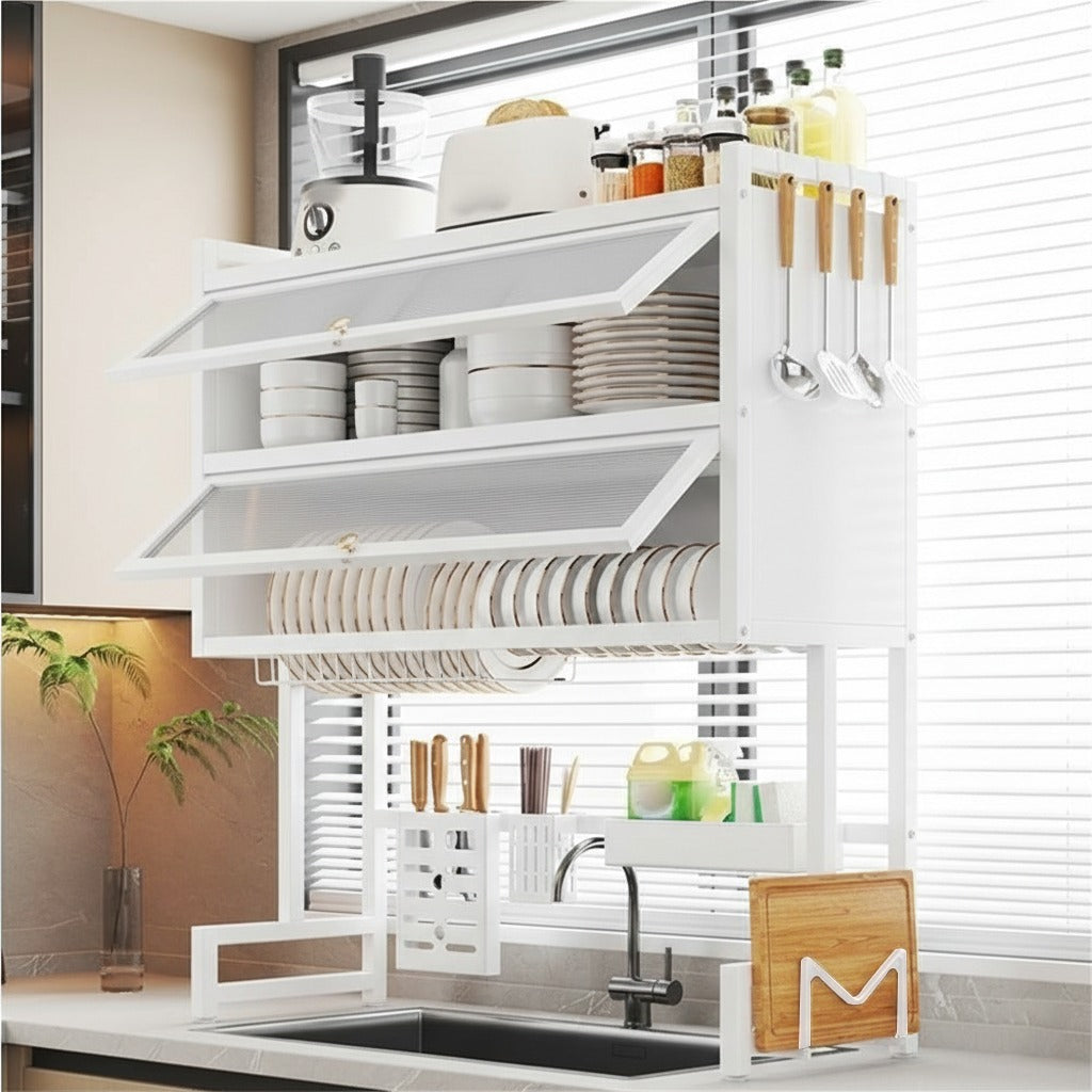 Various Kitchen Dishes and other Essentials are Organized in a Double Layer Over-Sink Dish Drying Rack.