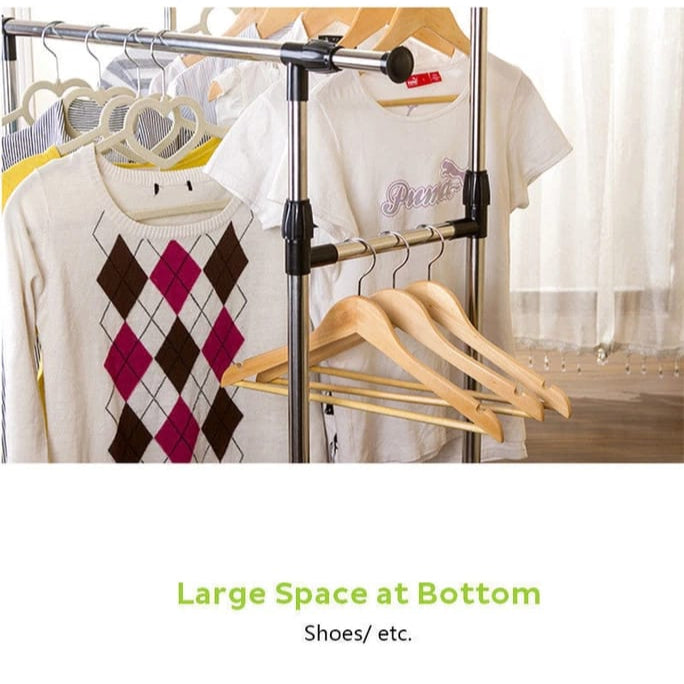 Double Pole Movable Cloth Hanger Organized with Clothes.