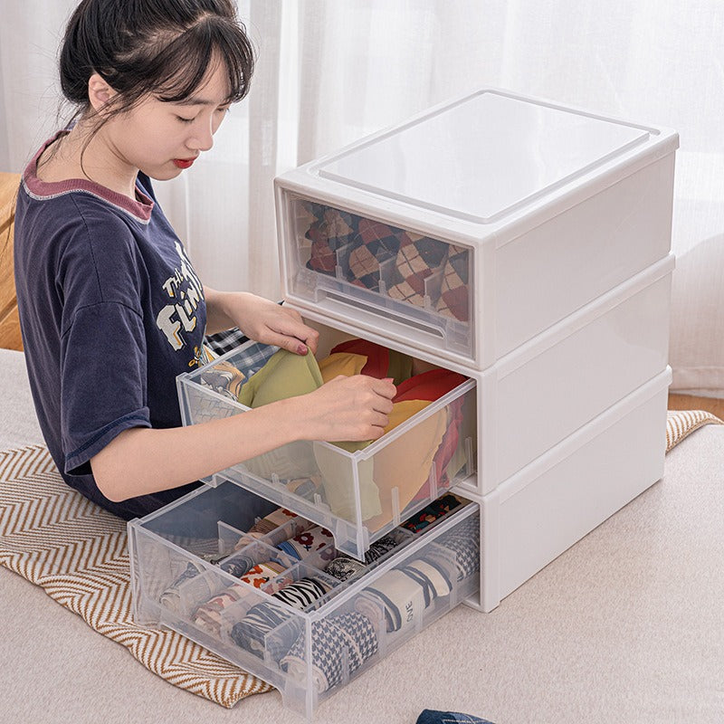 A Woman is Organizing Garments in a Drawer Type Wardrobe Organizer Box.