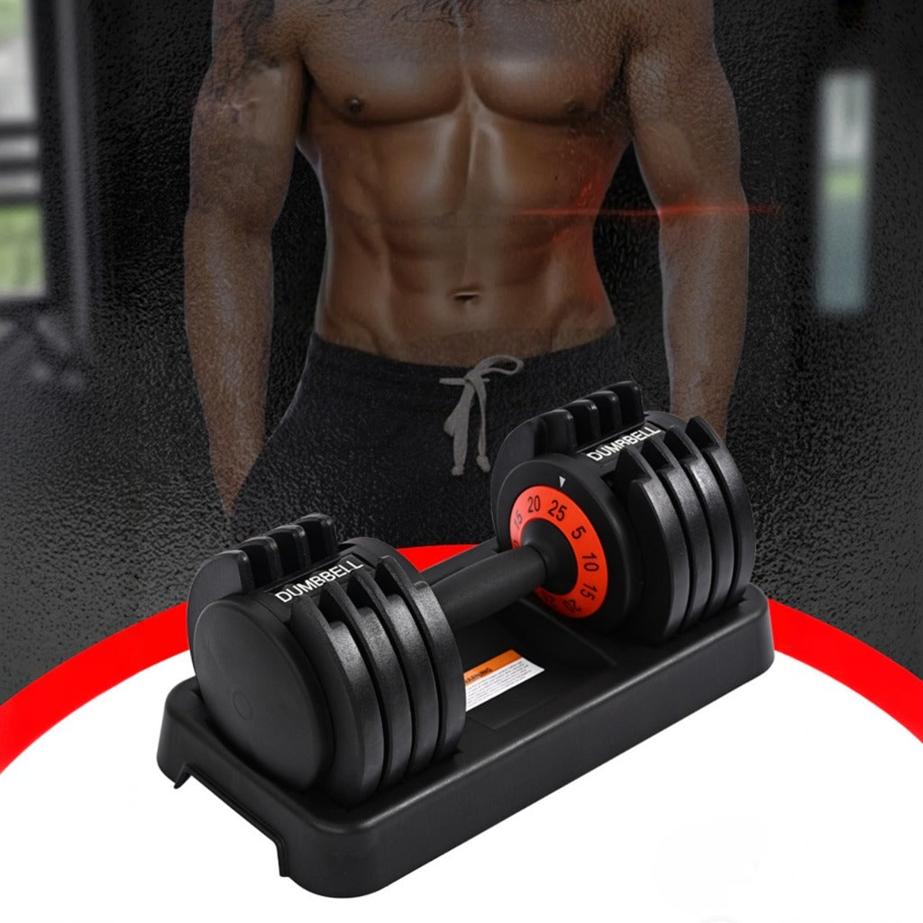 An adjustable dumbbell set is placed on its base. The setting appears to be a gym or workout area.