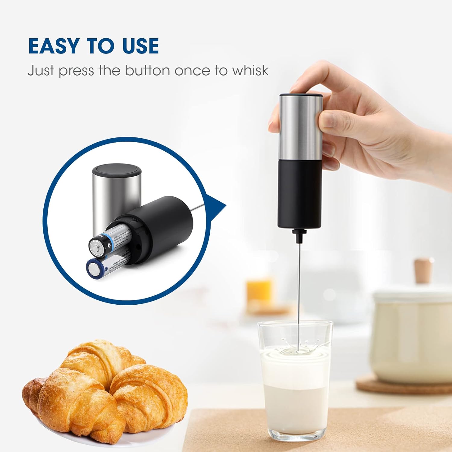 A Person is Using Handheld Electric Milk Frother to Make Coffee.