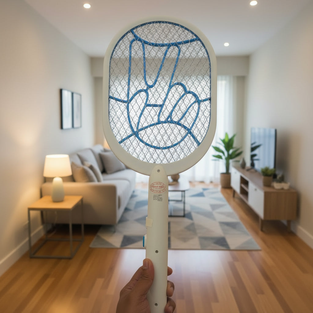 Hand holding an electric fly swatter on a tiled floor
