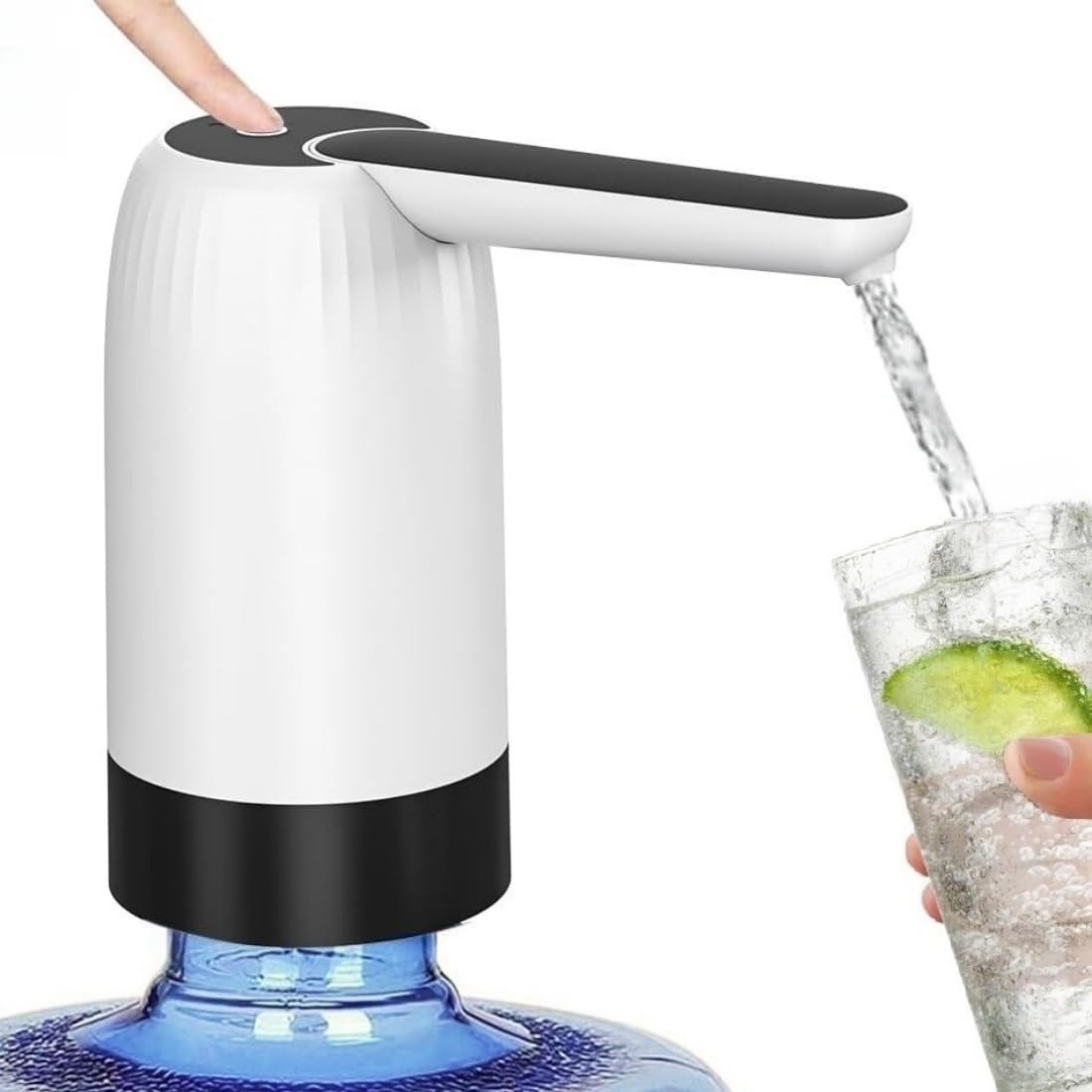 A Person is Pressing the Button Of Rechargeable Electric Water Dispenser Pump and Collecting Water.