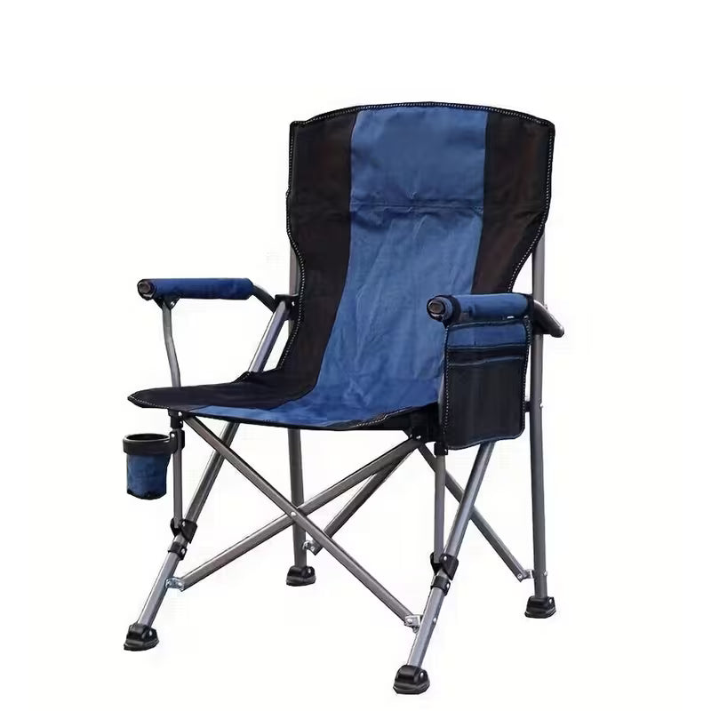 Blue and black camping chair with cup holder on a white background