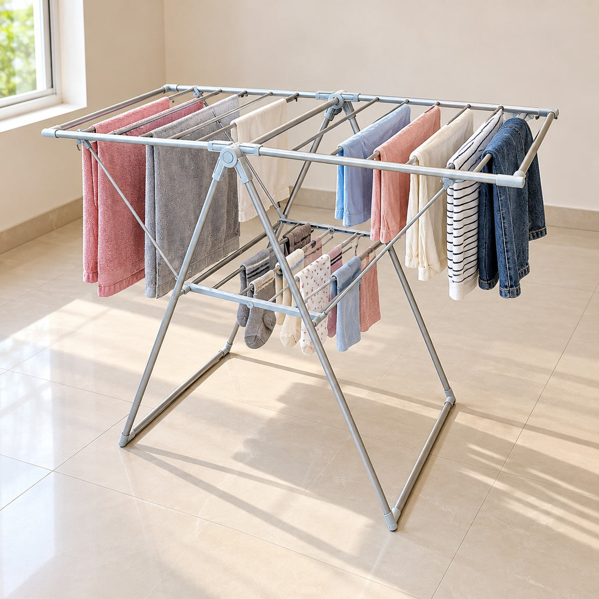 A silver metal folding clothesline stand holding multiple towels and shirts in blue, white, pink, and beige tones, set in a bright room with tiled floors, a window, and a potted plant.
