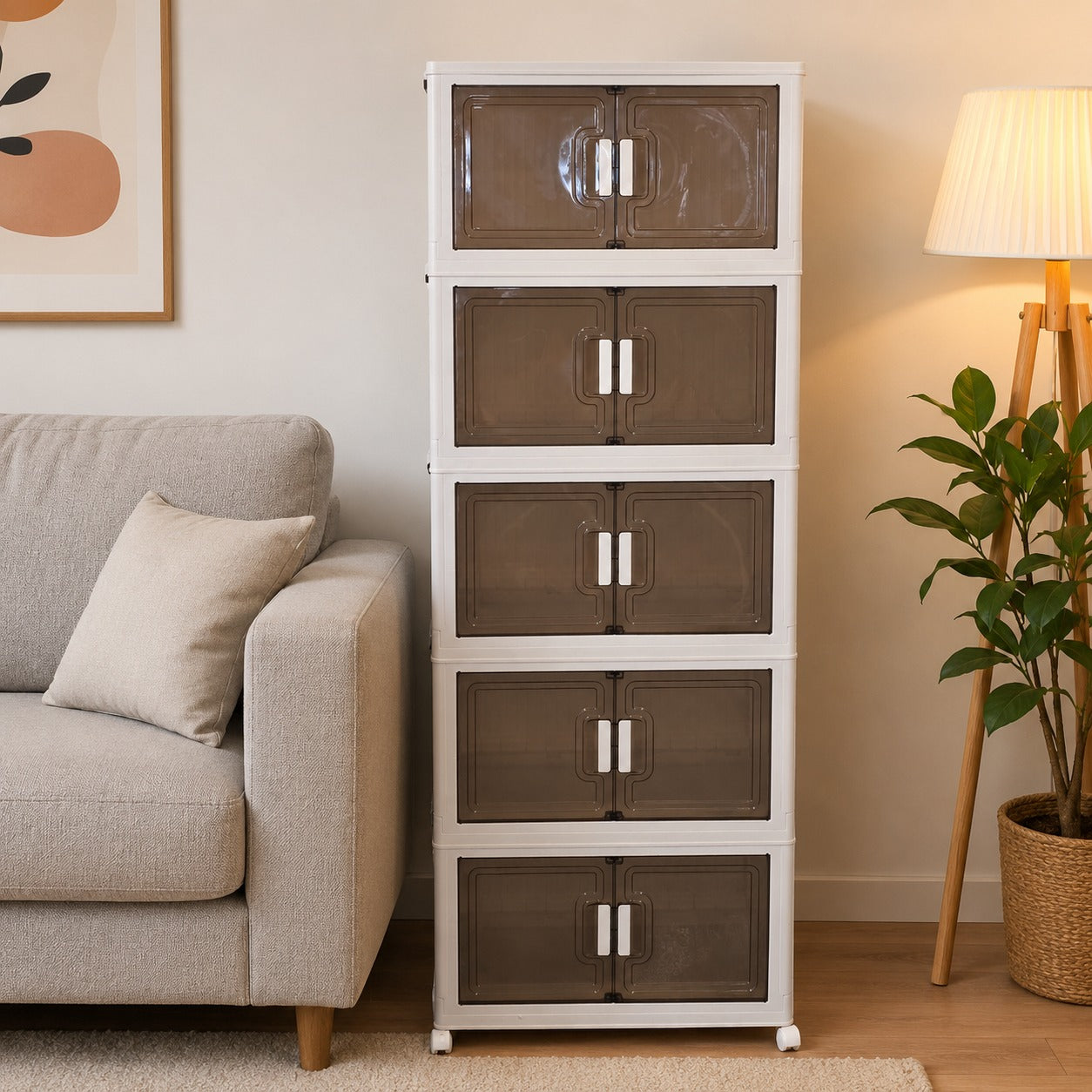 A 6-Tier Foldable Storage Cabinet is Placed at the Corner of the room.