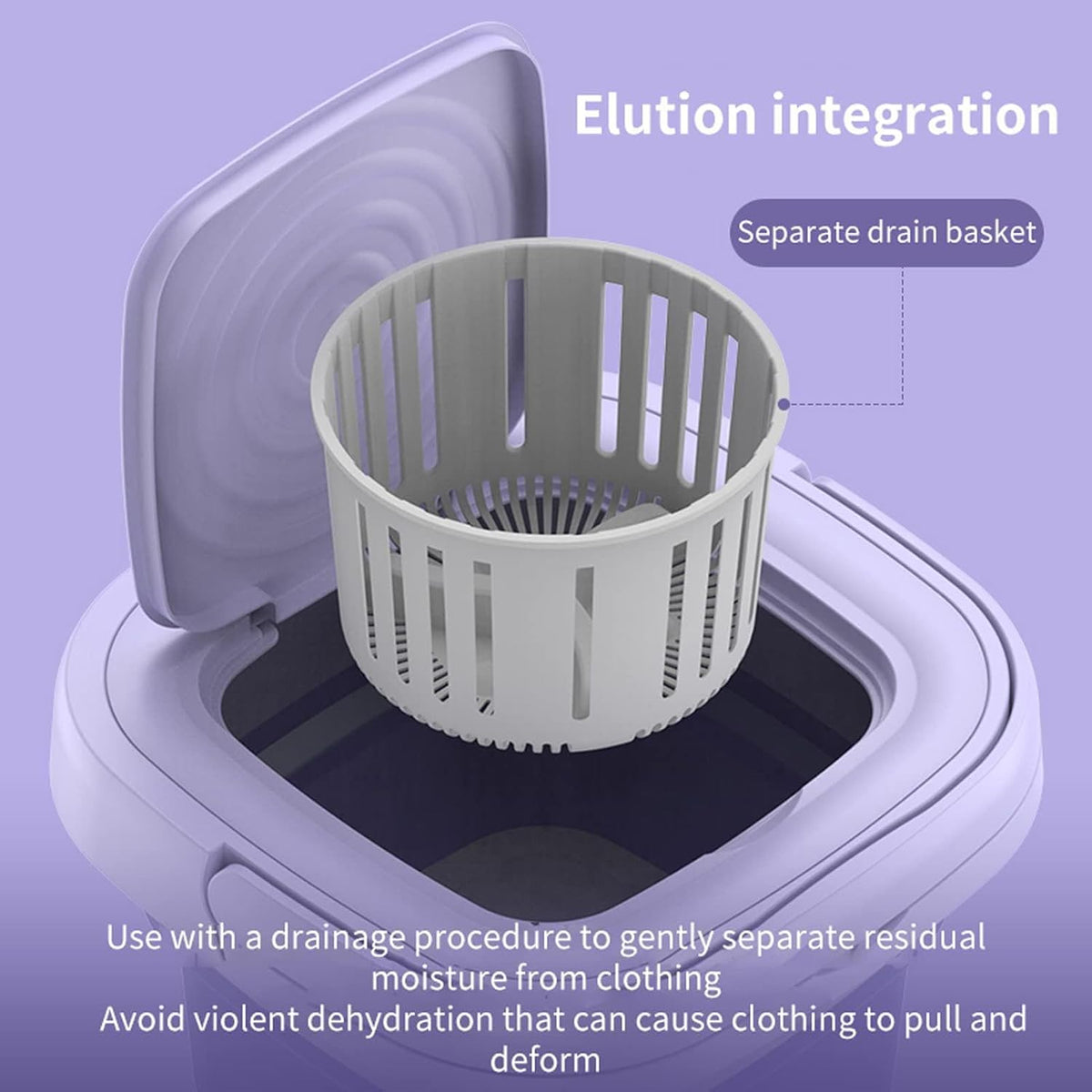 Separate drain basket for laundry machine on a purple background with text about elution integration.