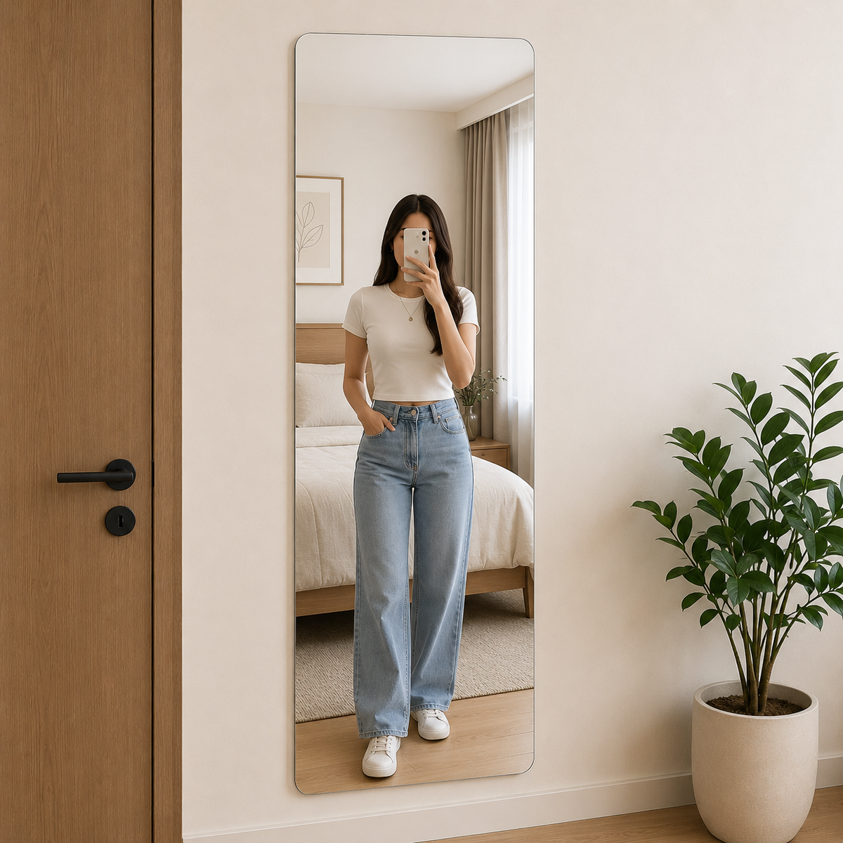 A Person is reflecting on a Full Length Self Adhesive Mirror Sticker in a bedroom setting