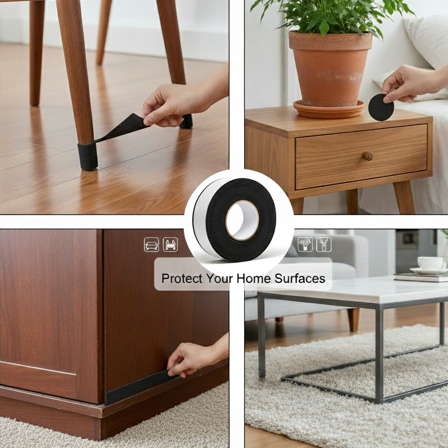 A Person is Using Self-Adhesive Furniture Protection Pads on Differnet Furnitures.