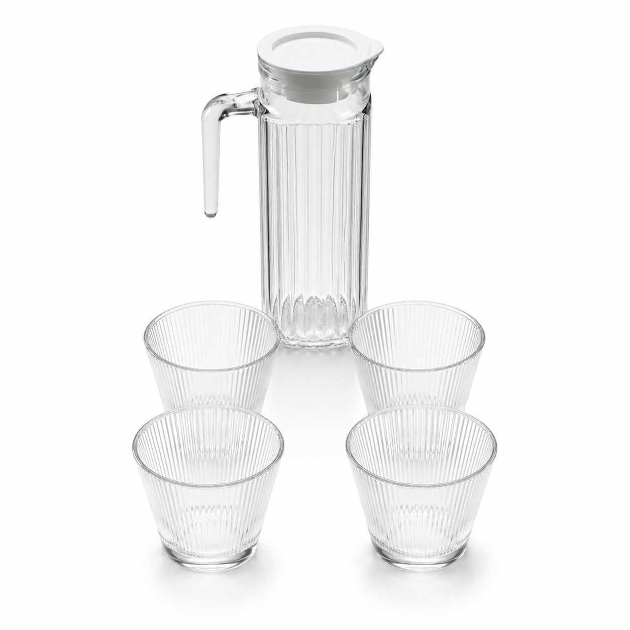 Clear glass pitcher and four glasses on a white background
