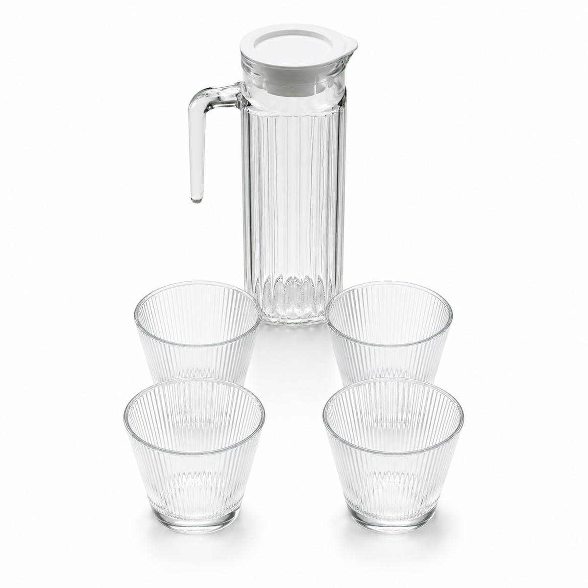 Clear glass pitcher and four glasses on a white background